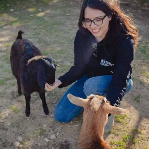 Dulce Ramirez brincando com duas cabras