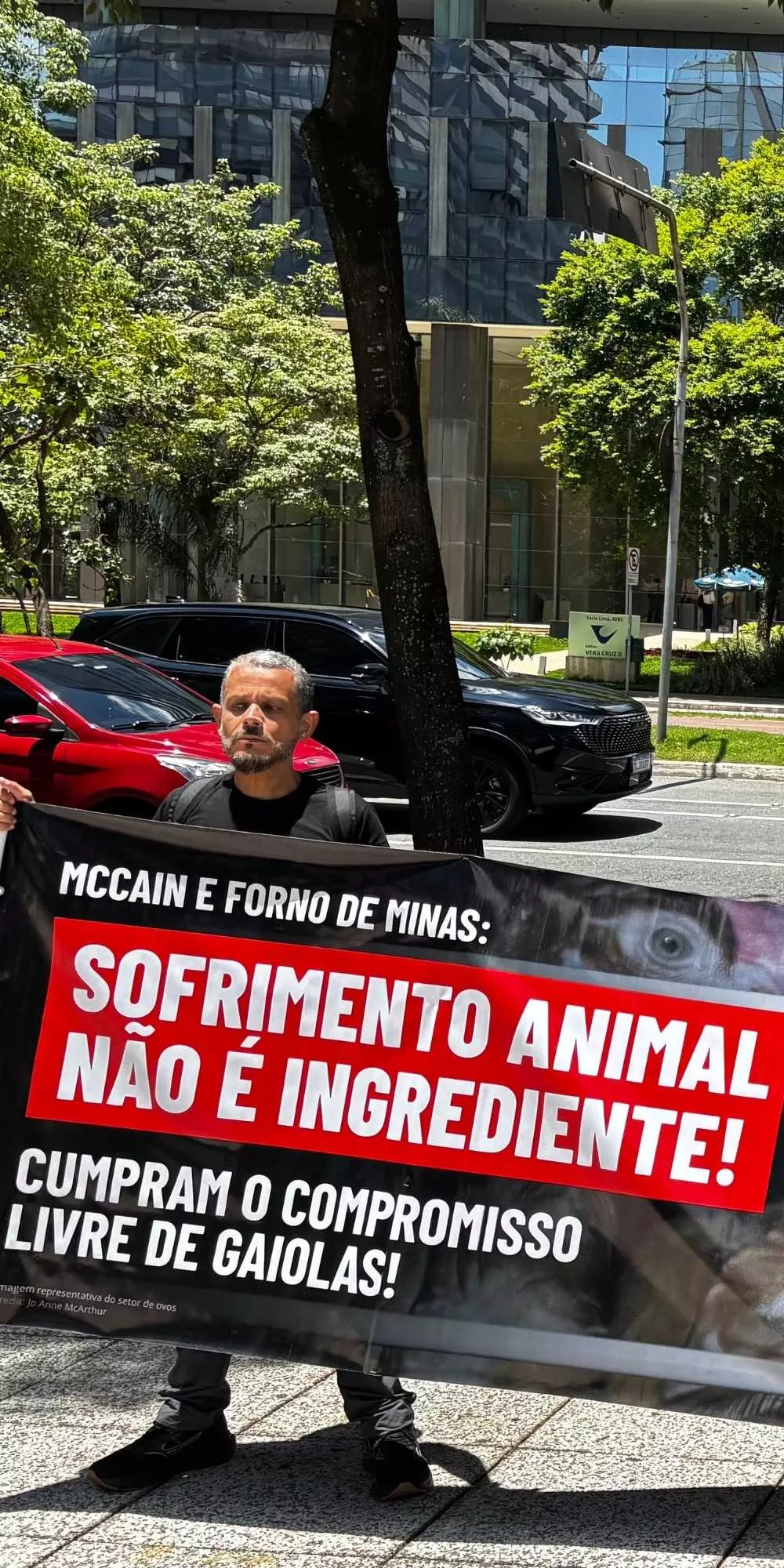 Ativistas em protesto em frente a McCain, dona da Forno de Minas