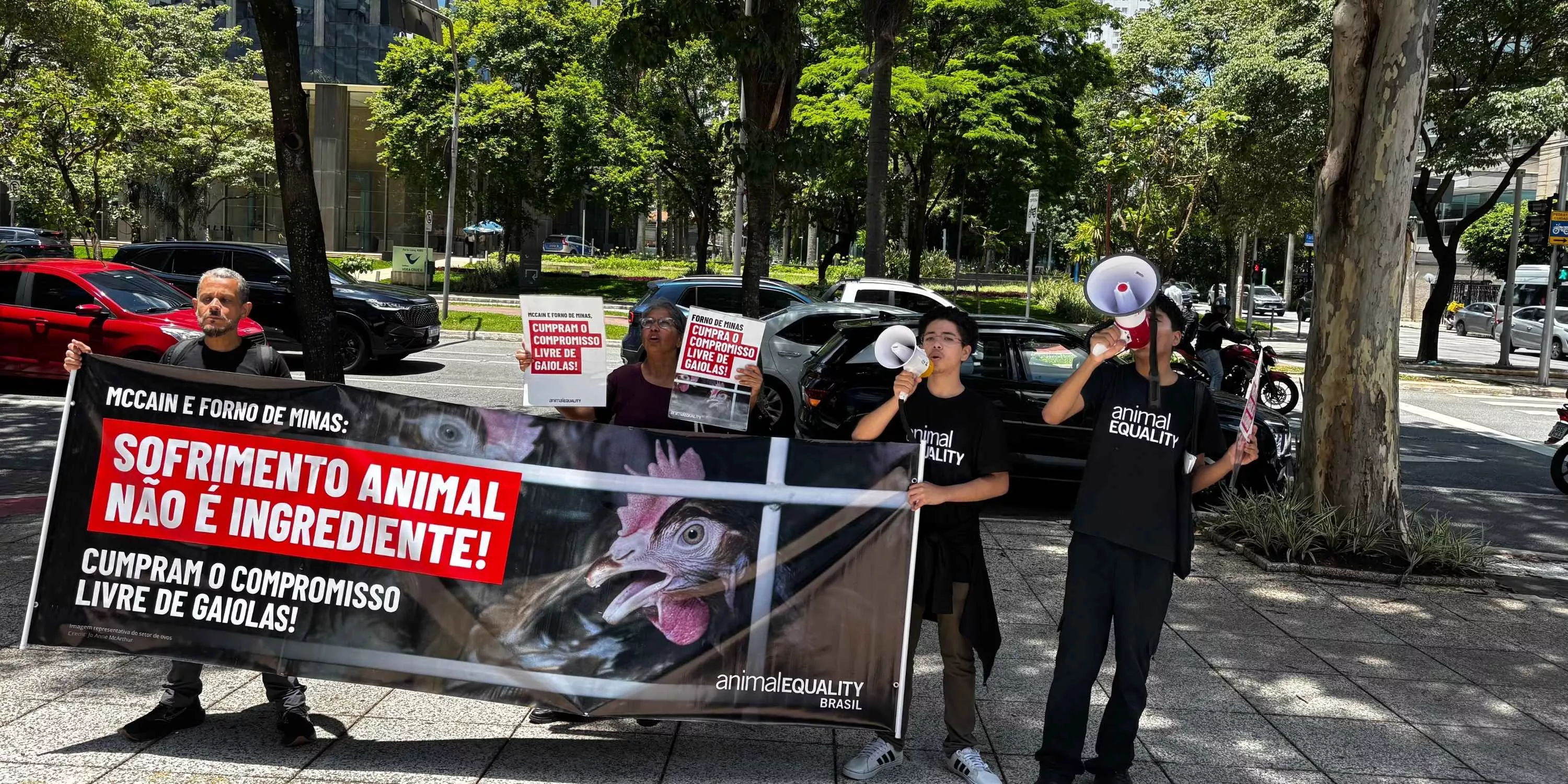 Bauducco e Forno de Minas/McCain: Gaiolas lotadas e promessas vazias 1 Ativistas em protesto em frente a McCain, proprietária da Forno de Minas