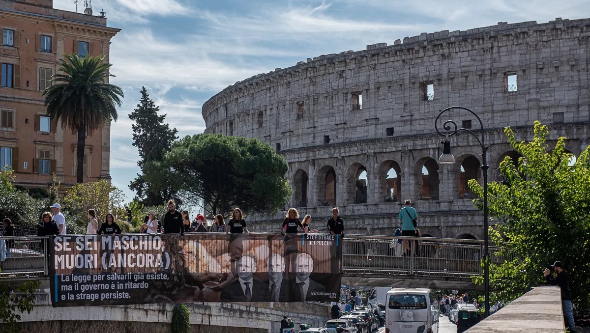 Banner usado em Roma pelo fim da morte dos pintinhos na indústria de ovos