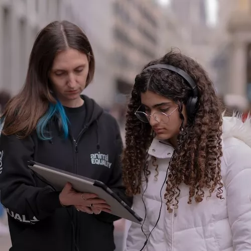 Ativista mostrando vídeo da Animal Equality