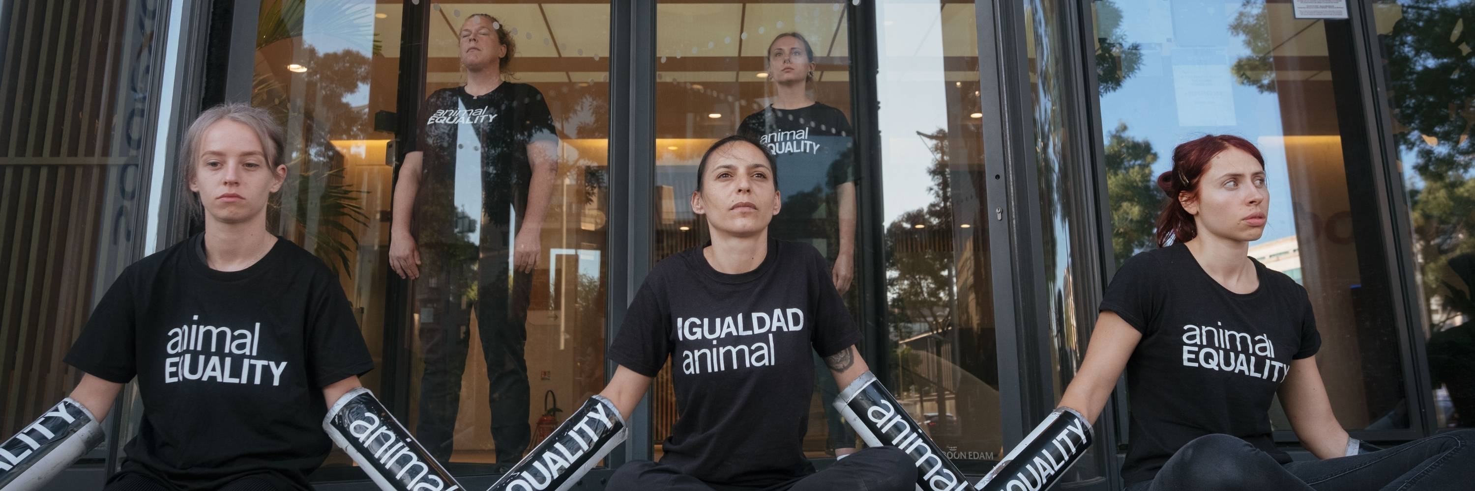 Ativistas acorrentados em frente à sede da Sodexo