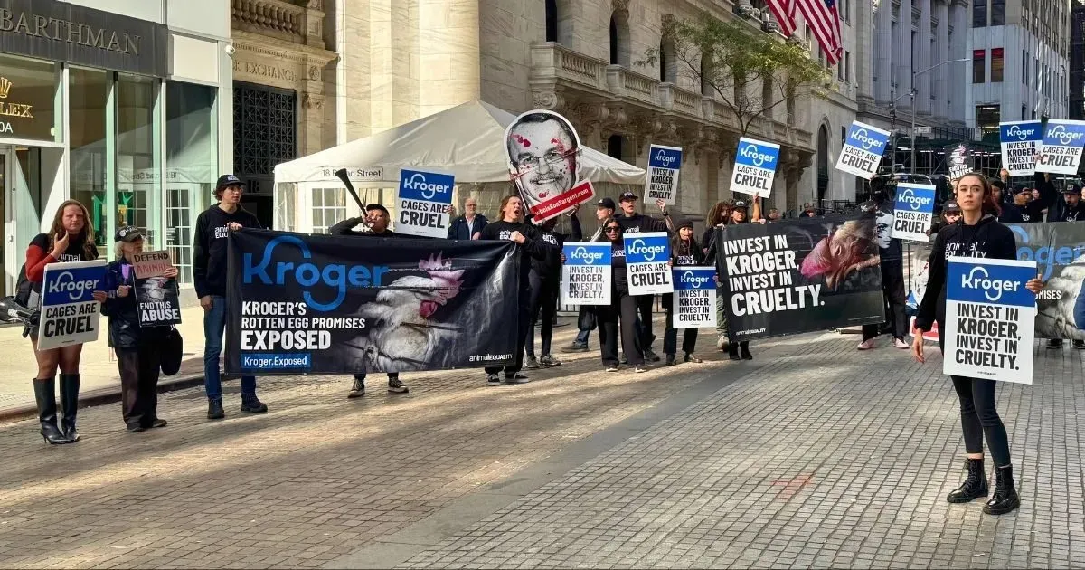 Membra do conselho do Kroger é confrontada em frente à investidores na Bolsa de Valores 1 Protesto em dia dos investidores contra o Kroger